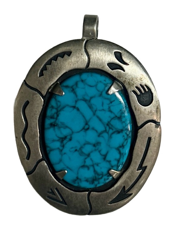 Bell Trading Post Jewelry - Bell Trading Post ~ Vintage ~ Nickel Silver W/ Turquoise Stone Bear Claw Pendant